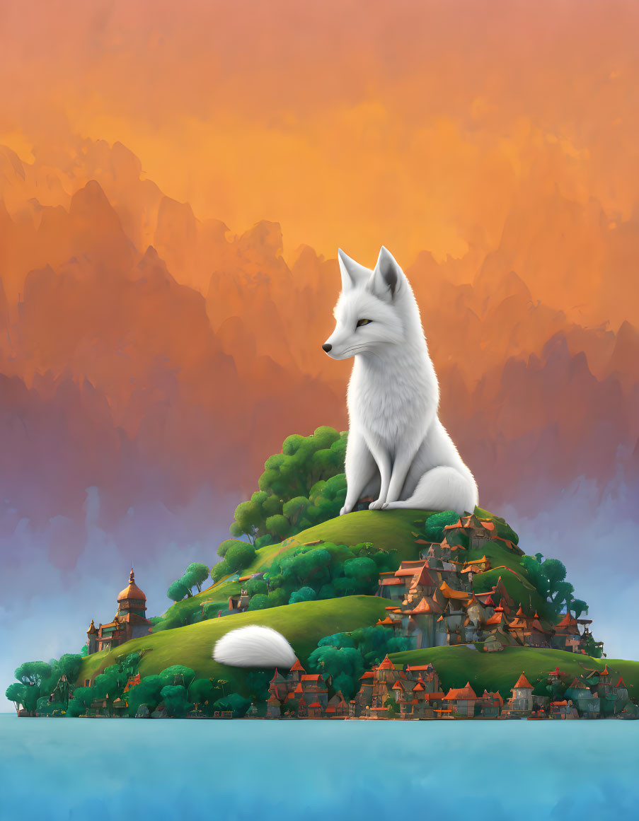 White Fox on Green Hill with Sunset Sky and Miniature Buildings