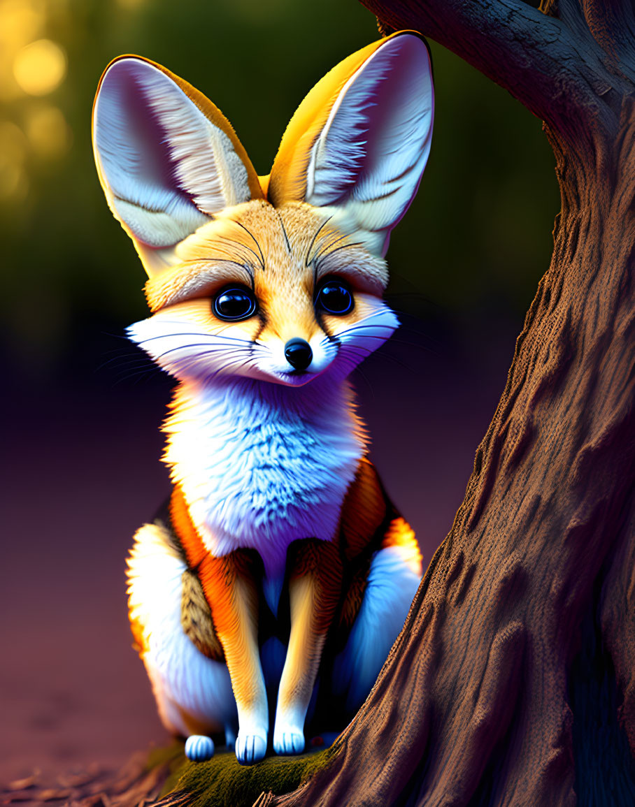 Stylized fennec fox with oversized ears beside a tree