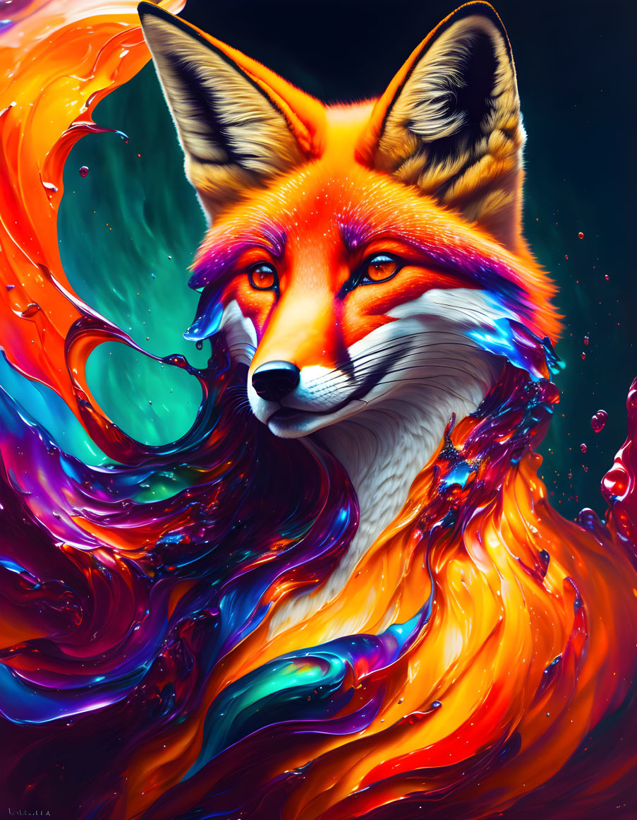 Colorful Abstract Fox Artwork with Liquid Mane in Vibrant Hues