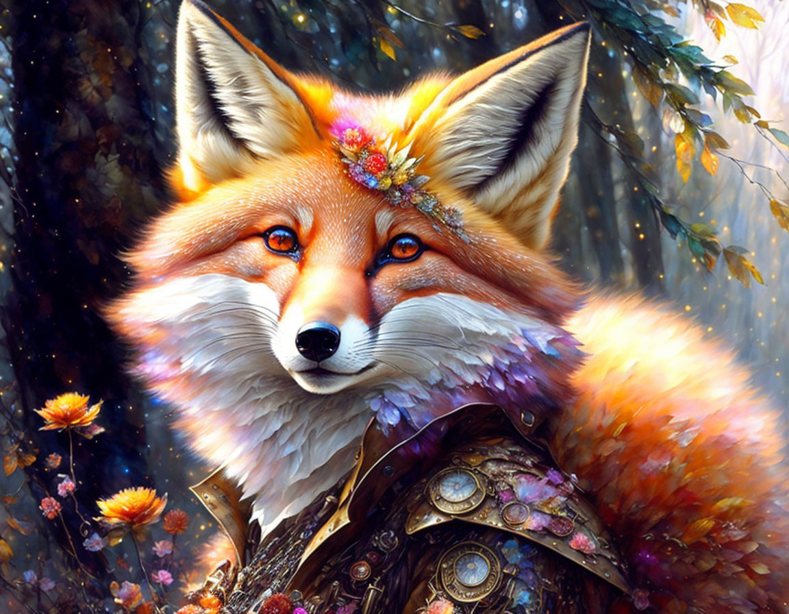 Detailed digital painting of whimsical fox in magical forest