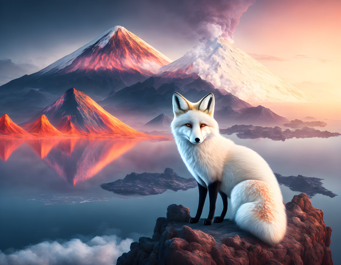 White Fox on Cliff Overlooking Lake and Volcanoes