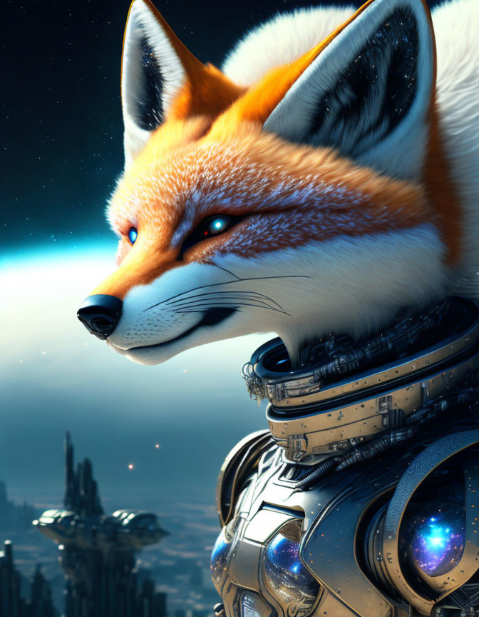 Futuristic fox in sci-fi armor against cityscape at dusk