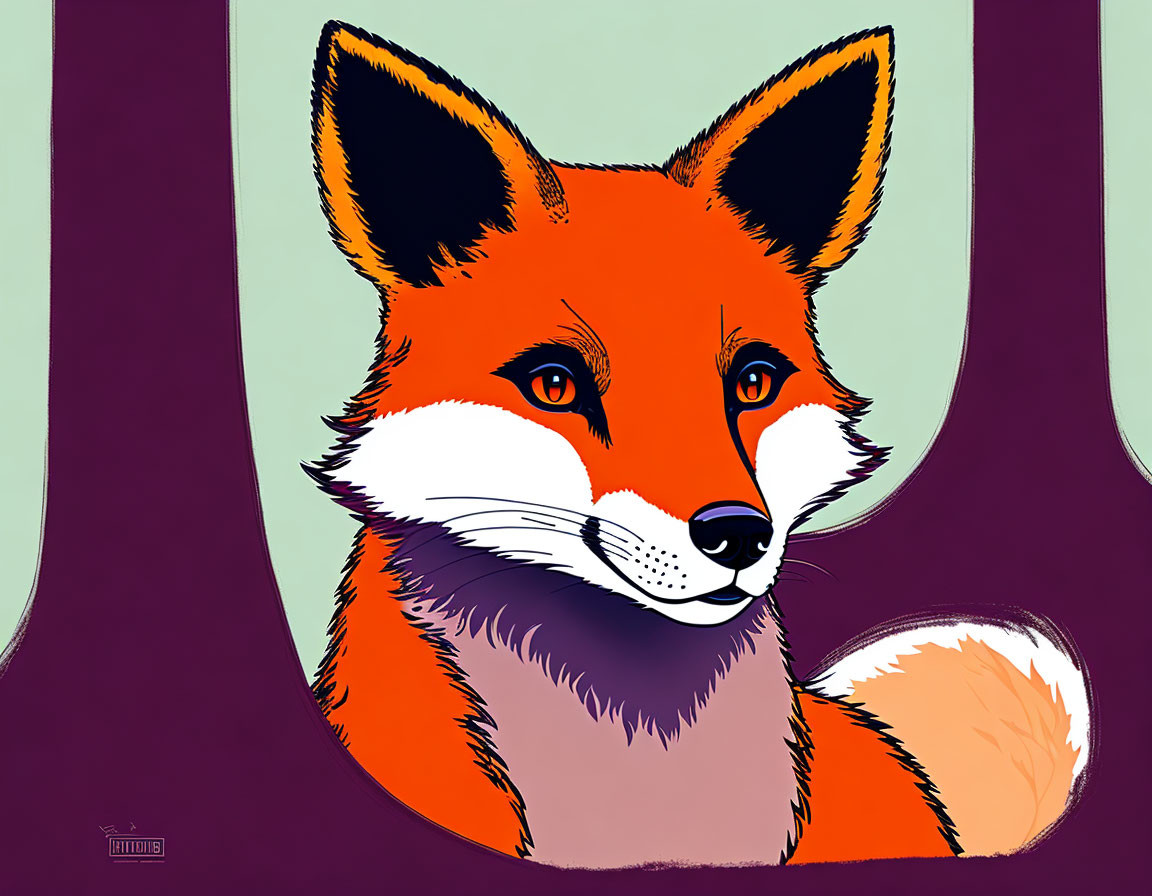 Red Fox Head Illustration with Black and White Markings on Purple and Green Background