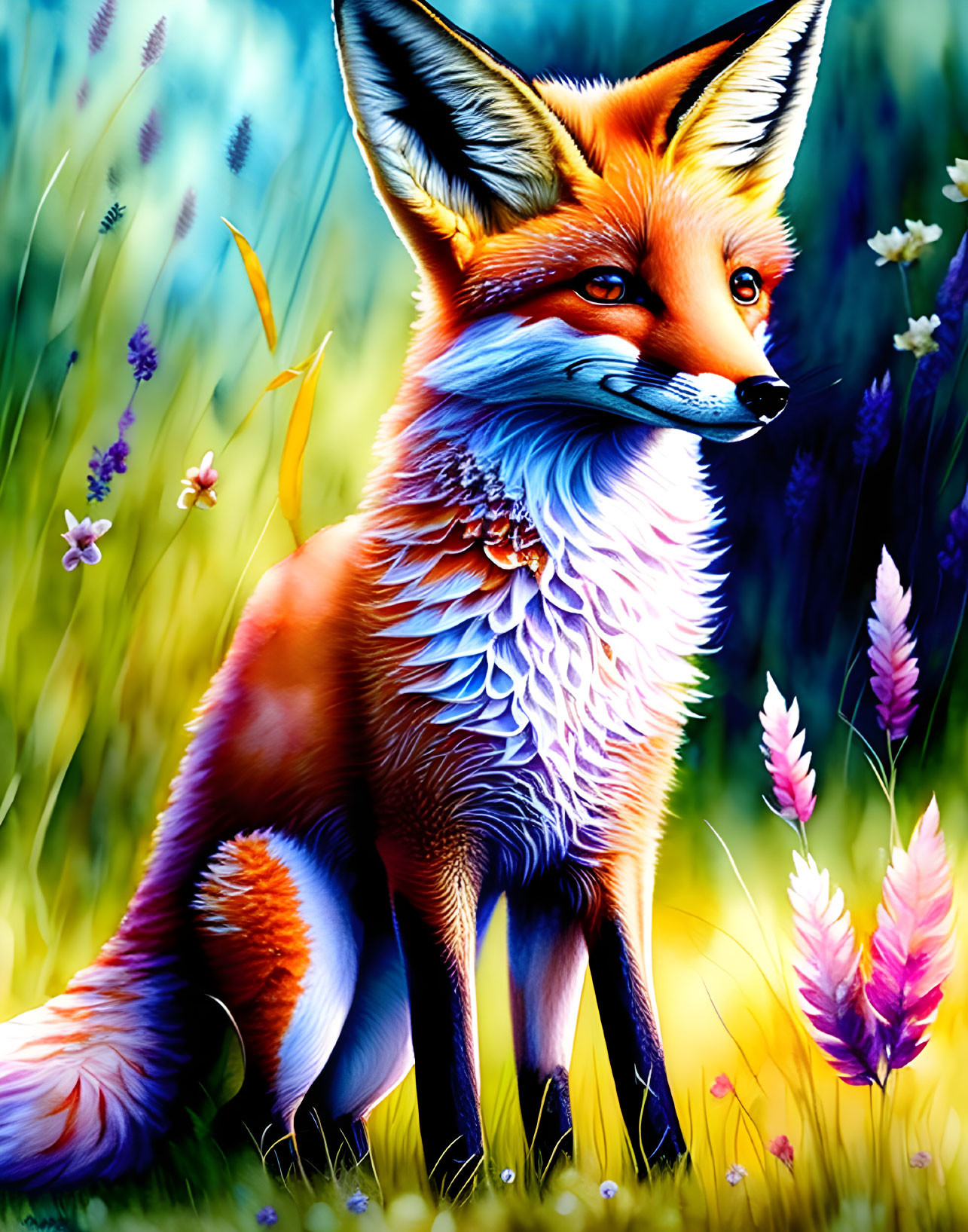 Colorful Fox Illustration Surrounded by Flowers and Grass