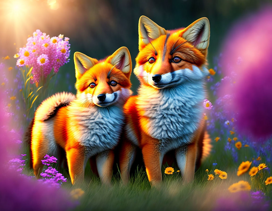 Colorful Meadow: Vibrant Stylized Foxes in Soft Light