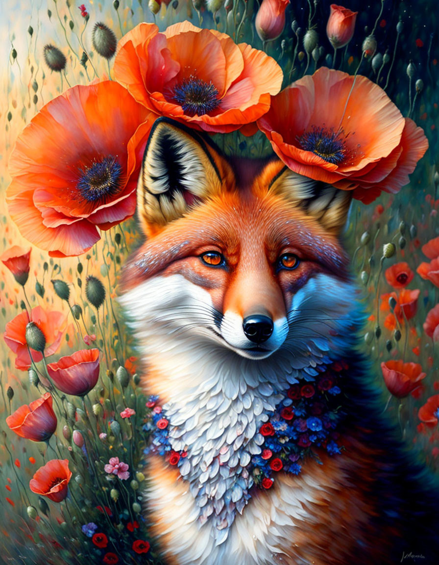 Detailed painting of red fox and poppies with rich colors