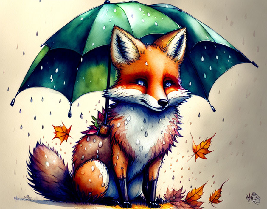 Fox with Green Umbrella in Autumn Rain and Leaves