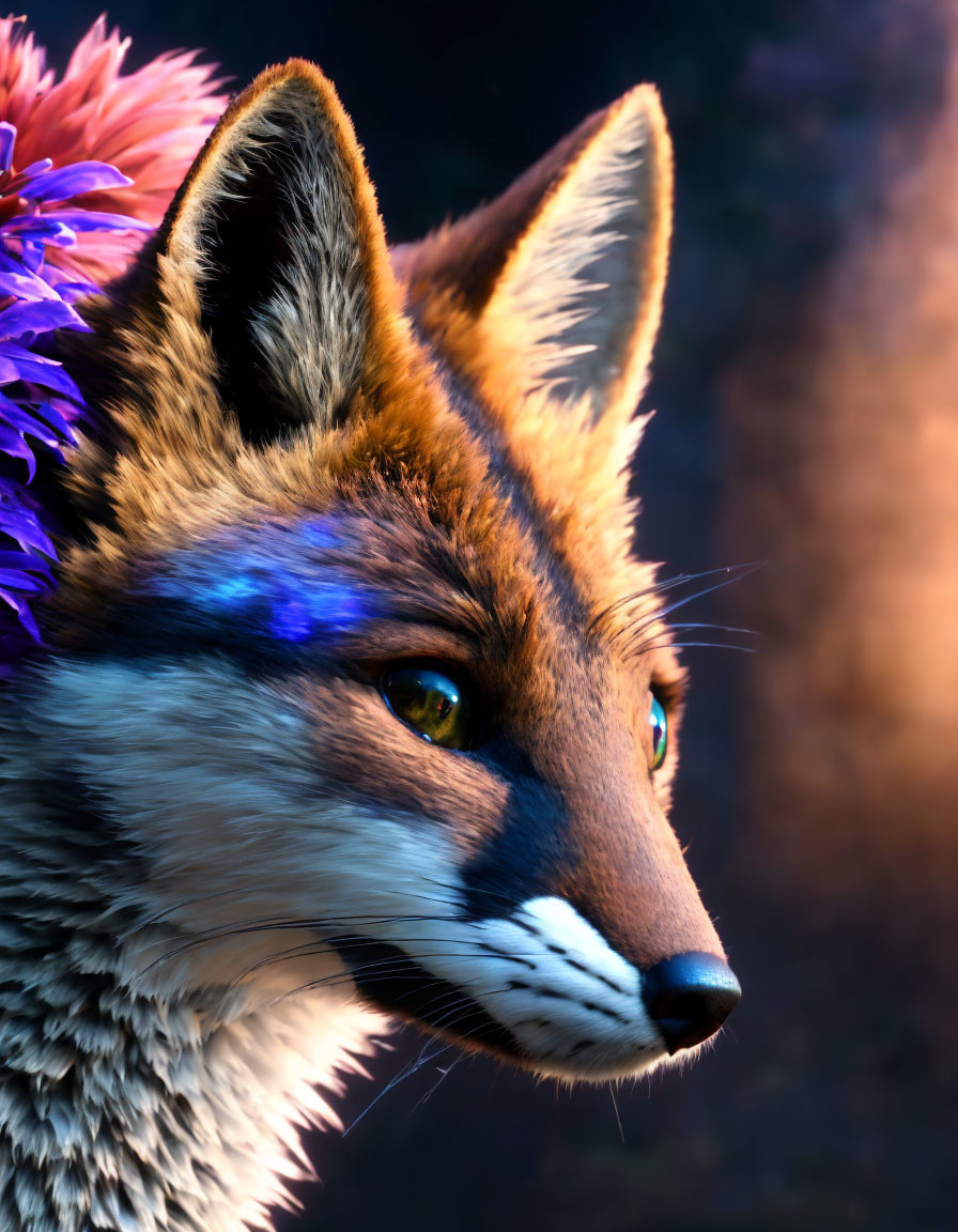 Vibrant Blue and Purple Fox Close-Up on Dark Background