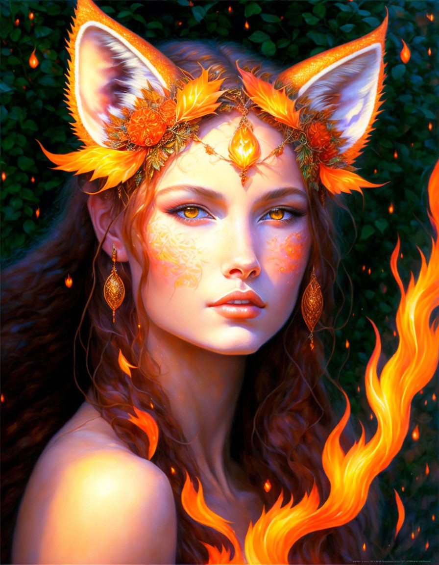 Fantasy illustration of woman with fox ears, blue eyes, fiery hair, and golden facial markings