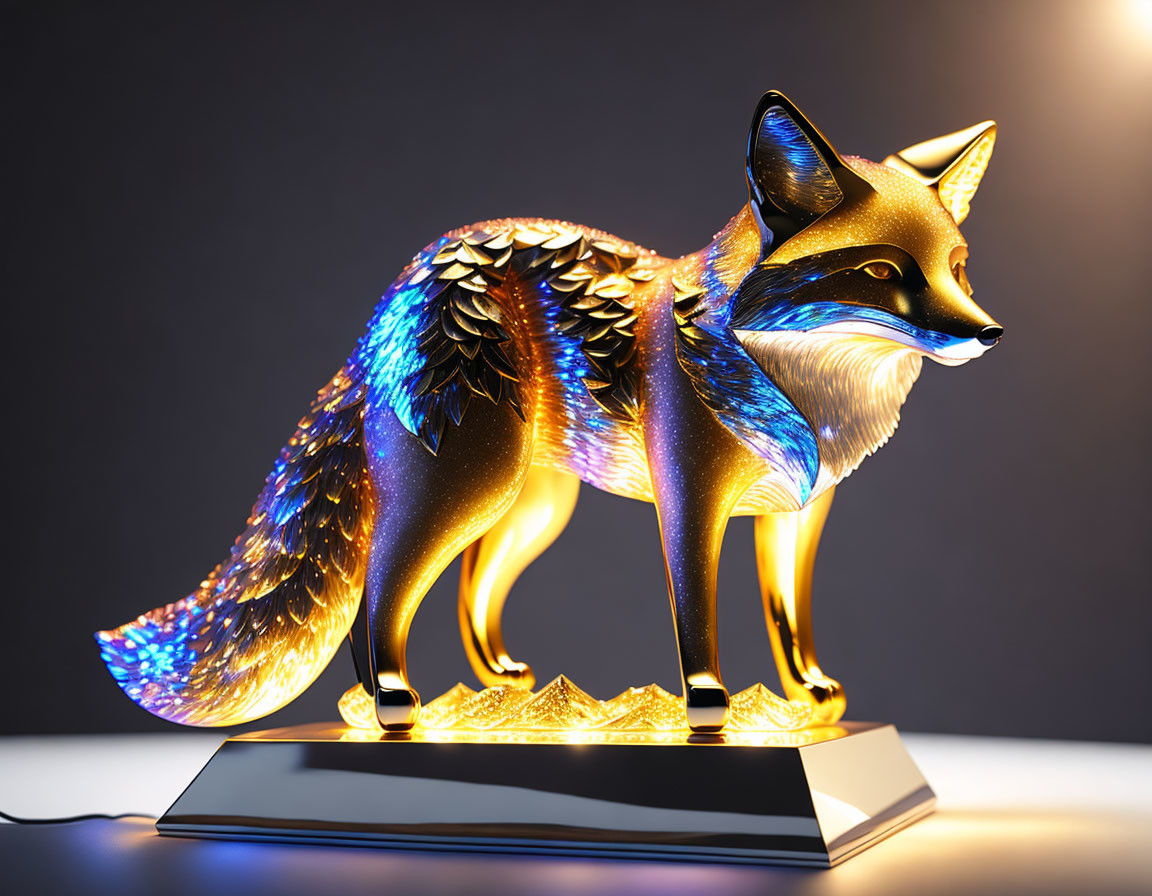 Golden Fox Figurine Glowing with Blue Accents