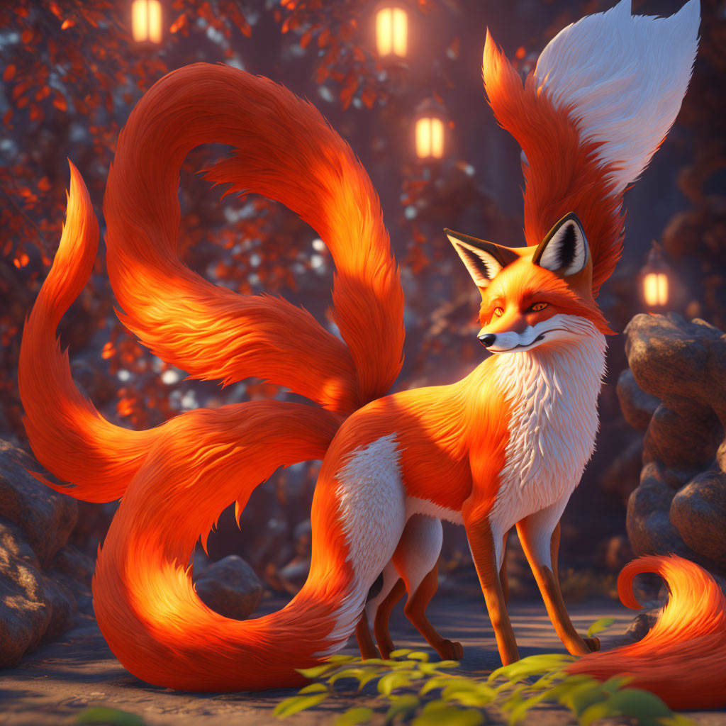 Vibrant fox with luminous orange tails in mystical forest landscape