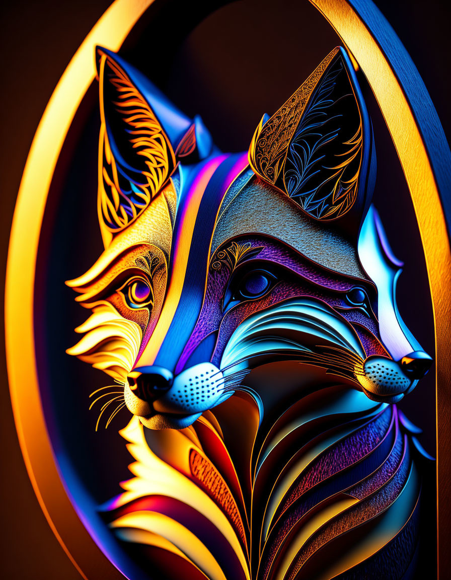 Colorful Stylized Fox Artwork with Neon Patterns on Dark Background