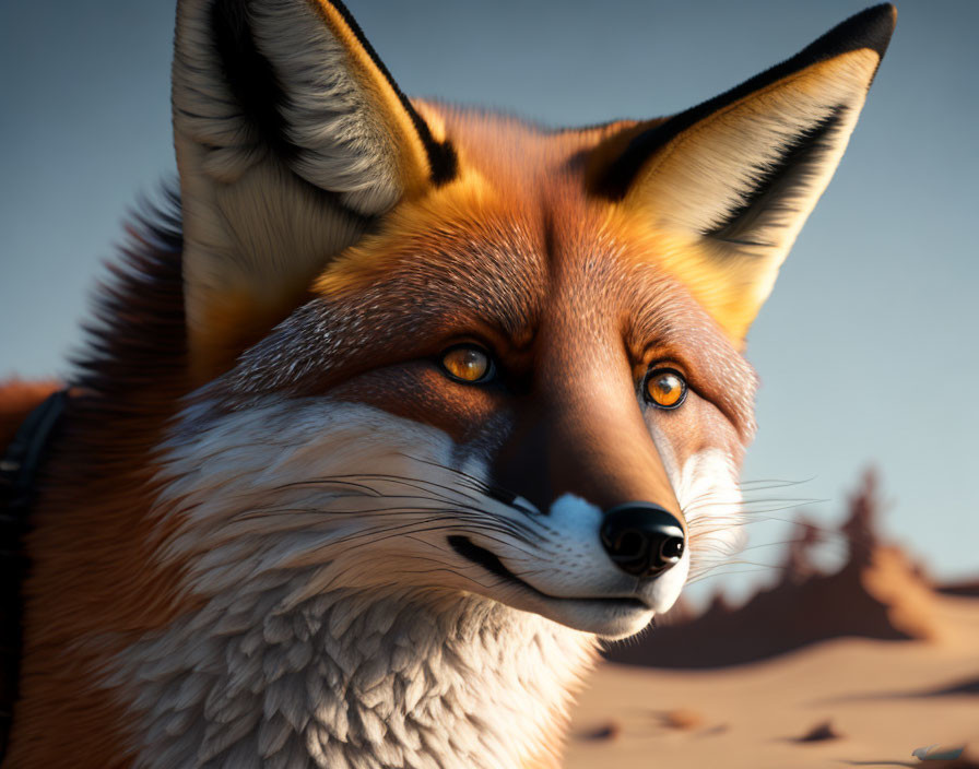 Detailed 3D-rendered fox close-up with sharp ears and amber eyes in desert setting