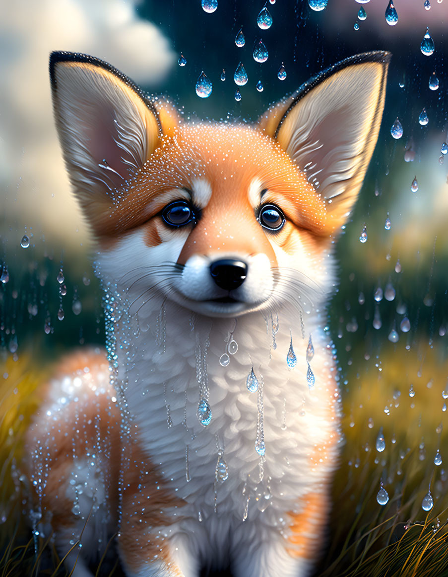 Illustrated fox with large eyes in raindrops scene.