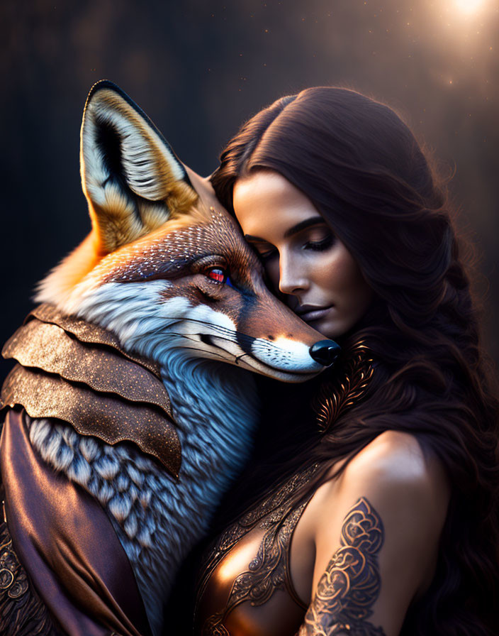 Long-Haired Woman and Vibrant Fox in Serene Moment