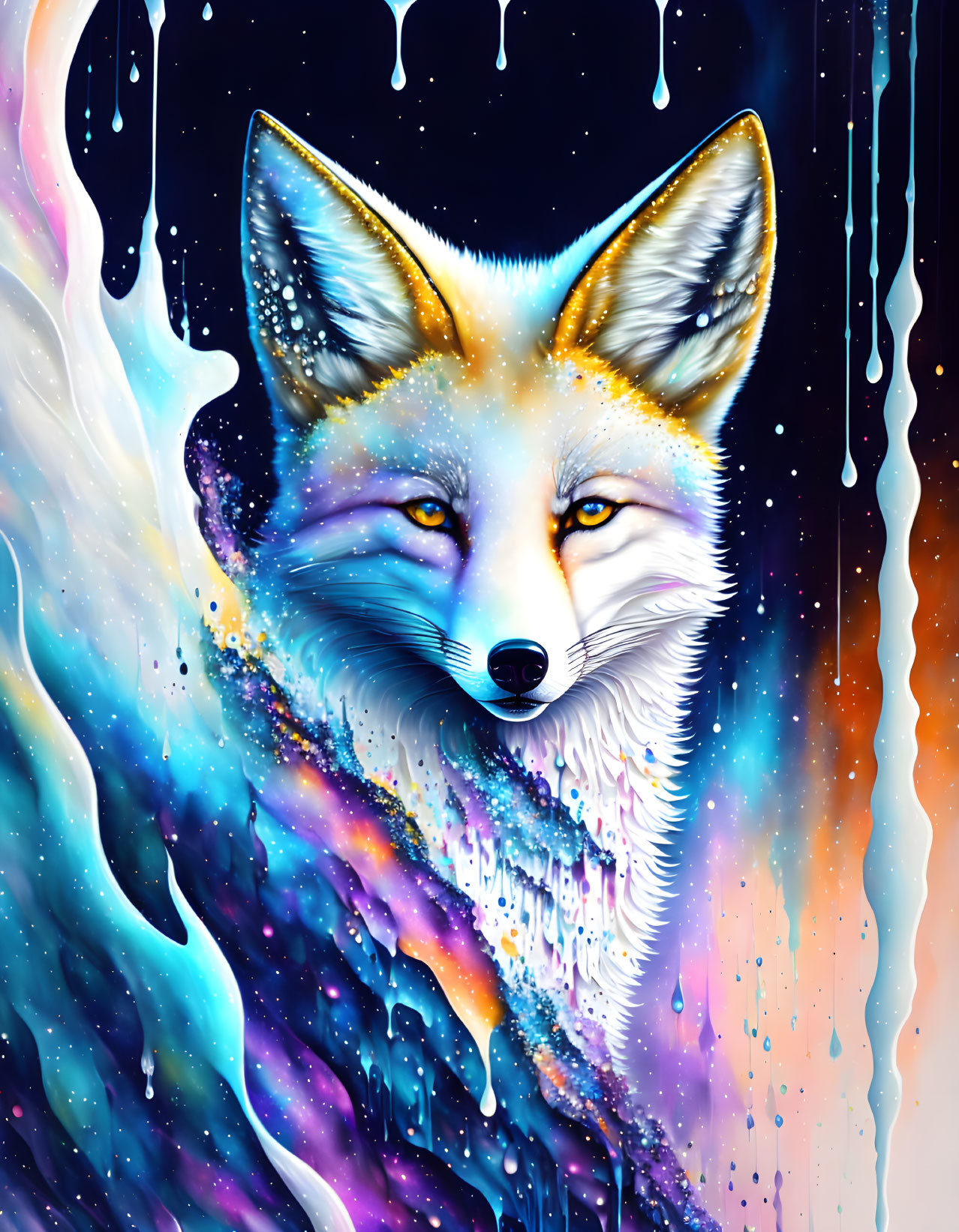 Colorful Fox Face Illustration with Cosmic Starry Texture