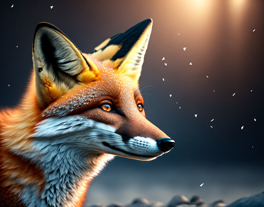 Detailed close-up: red fox with fur, gazing into distance, blurred background.