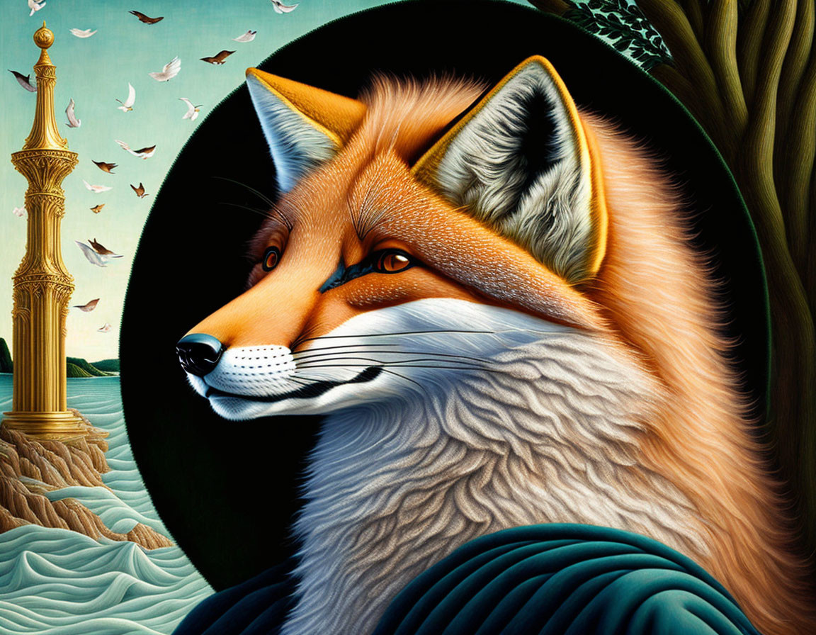 Surreal illustration: fox with human-like features in classical setting