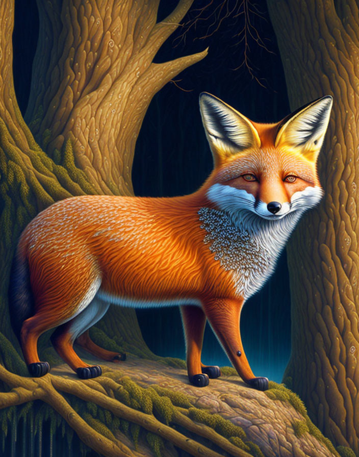 Vibrant orange fox with bushy tail in forest setting