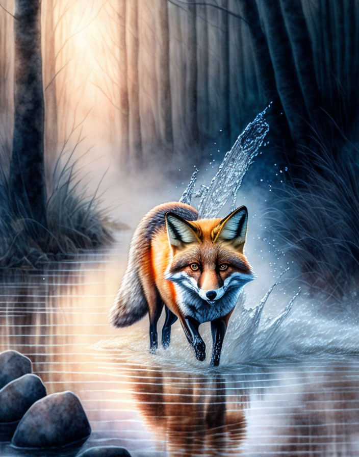 Detailed Illustration: Red Fox in Water with Forest Background