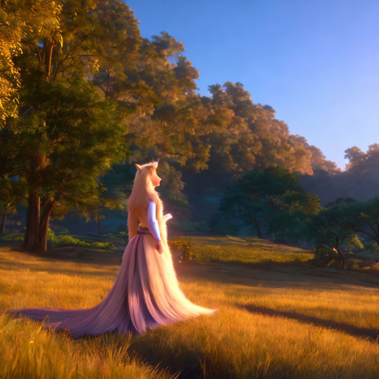 Mystical creature with white mane in grassy field at sunrise