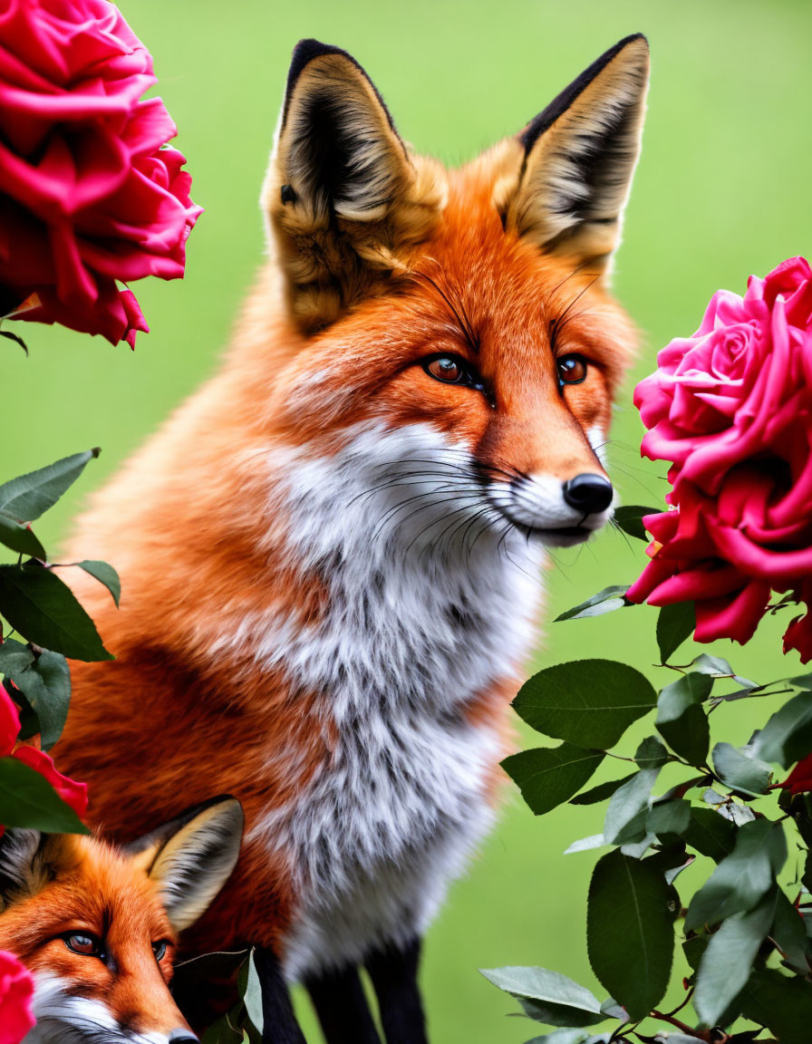 Two red foxes in pink rose garden with green backdrop