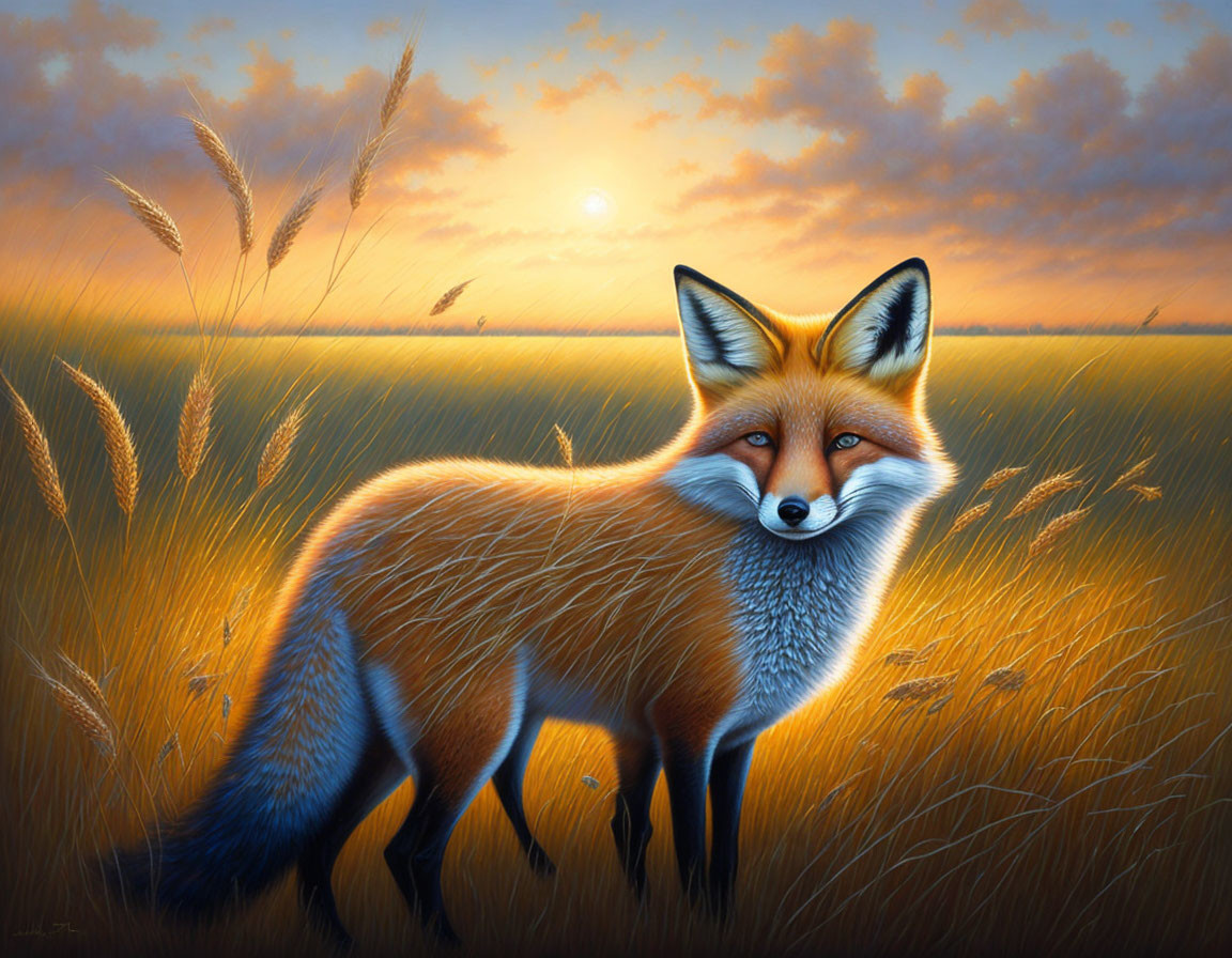 Red fox in golden field at sunrise or sunset