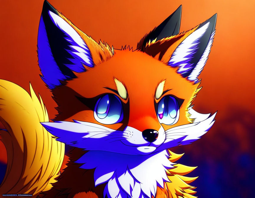 Orange Fox with Blue Eyes and White Markings on Orange Background