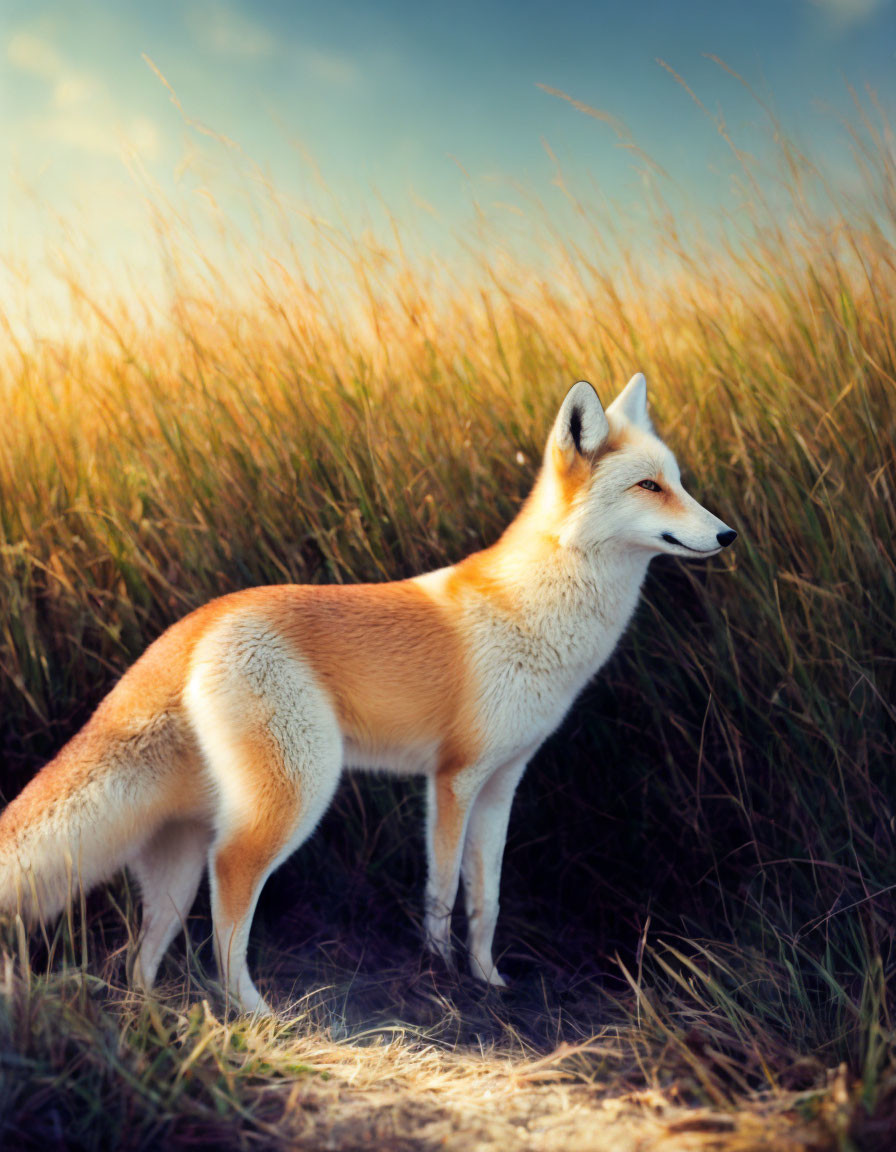 Solitary fox in golden field with tall grass, looking curiously.