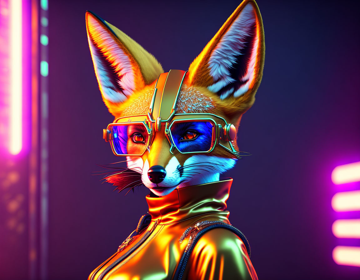 Digital artwork: Fox with human-like features in futuristic attire on neon background