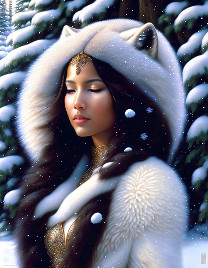 Woman with Dark Hair in White Wolf Headdress Surrounded by Snowy Trees