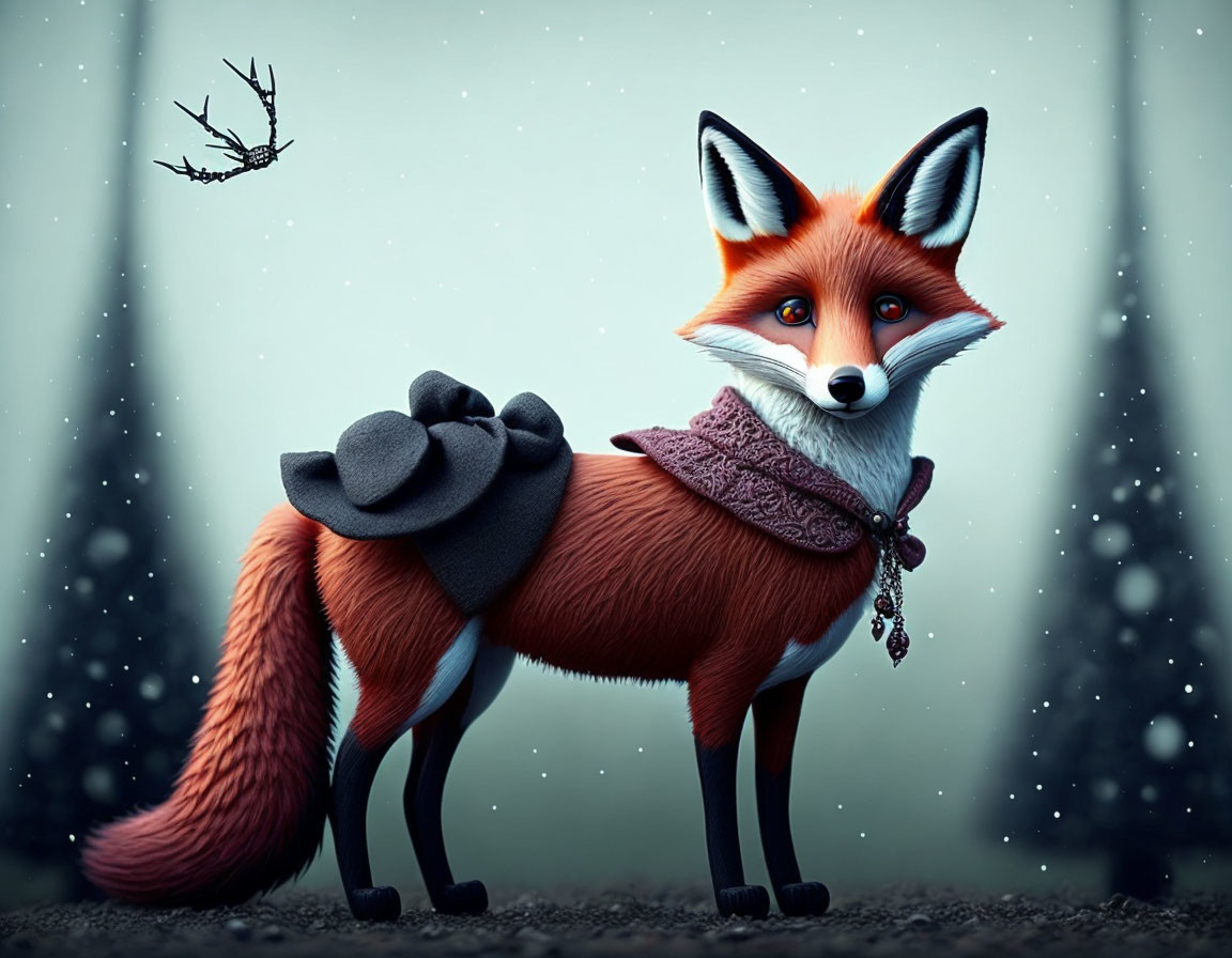 Anthropomorphic fox with gray hat and purple scarf in snowy setting