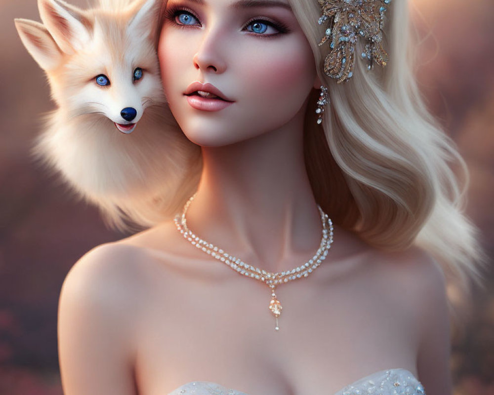 Digital artwork featuring woman and fox with striking blue eyes and ornate hair adornments