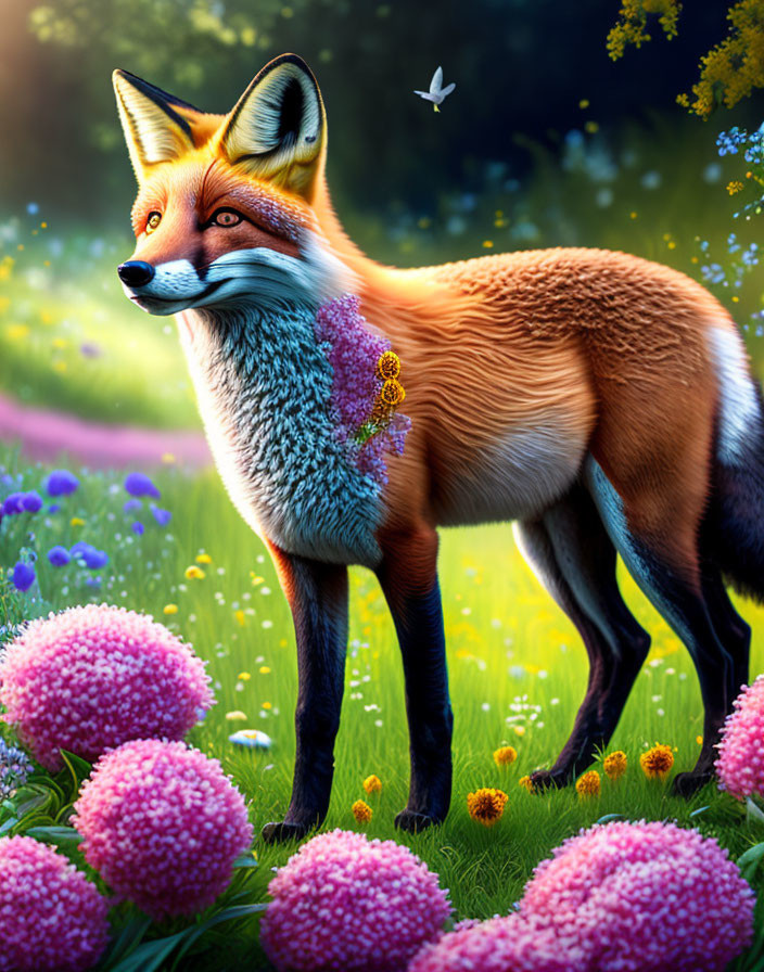 Colorful Digital Artwork: Fox in Fantasy Meadow with Purple Flowers