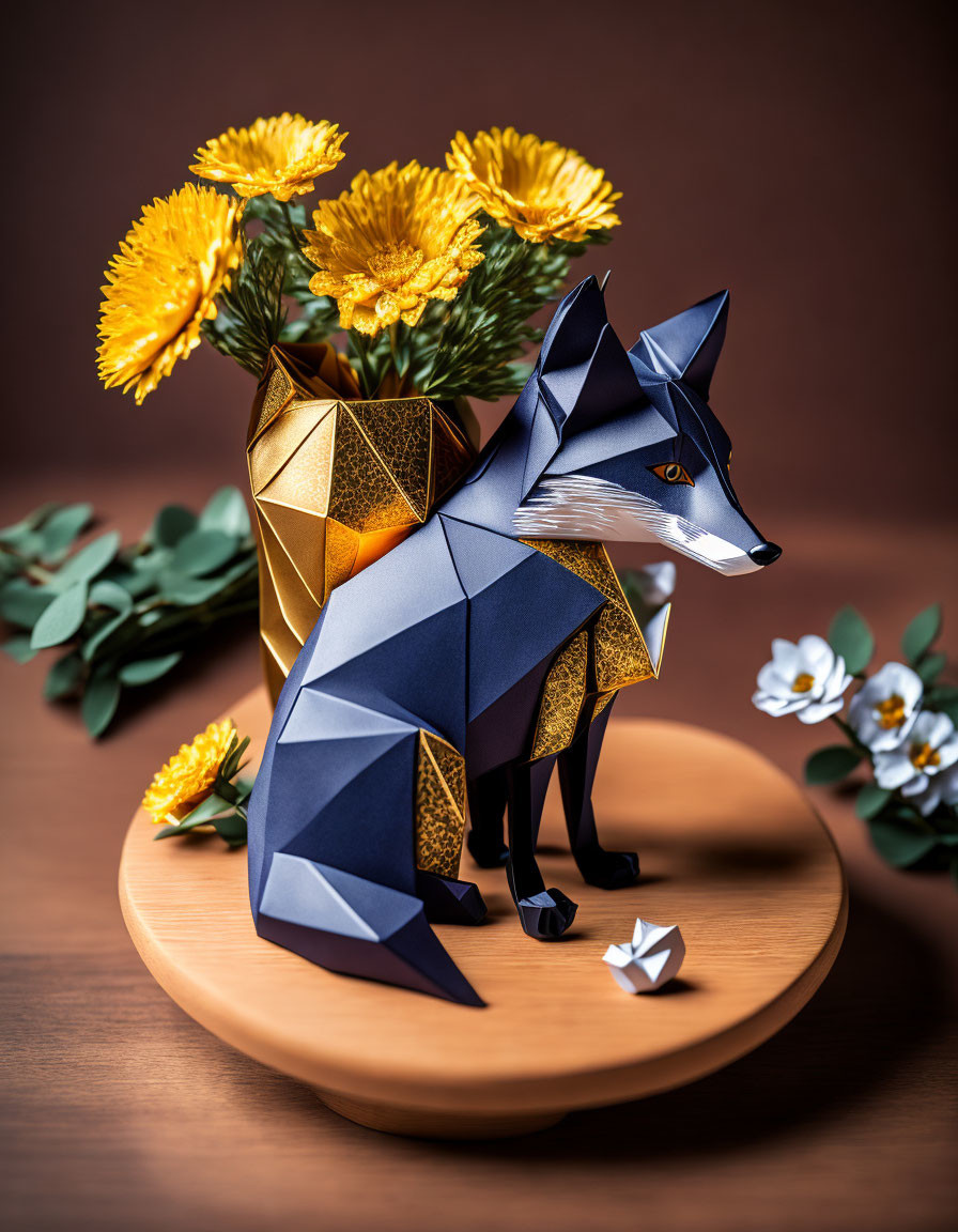 Geometric origami-style fox figurine with yellow flowers on wooden platform