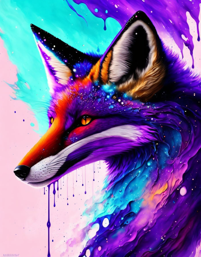 Colorful Fox Head Artwork with Cosmic Purple, Blue, & Pink Swirls