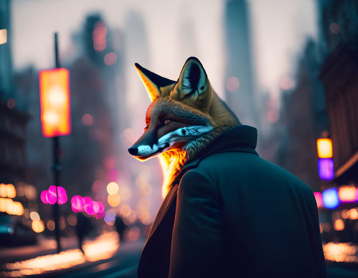 Fox-headed person in coat in urban night scene with neon lights