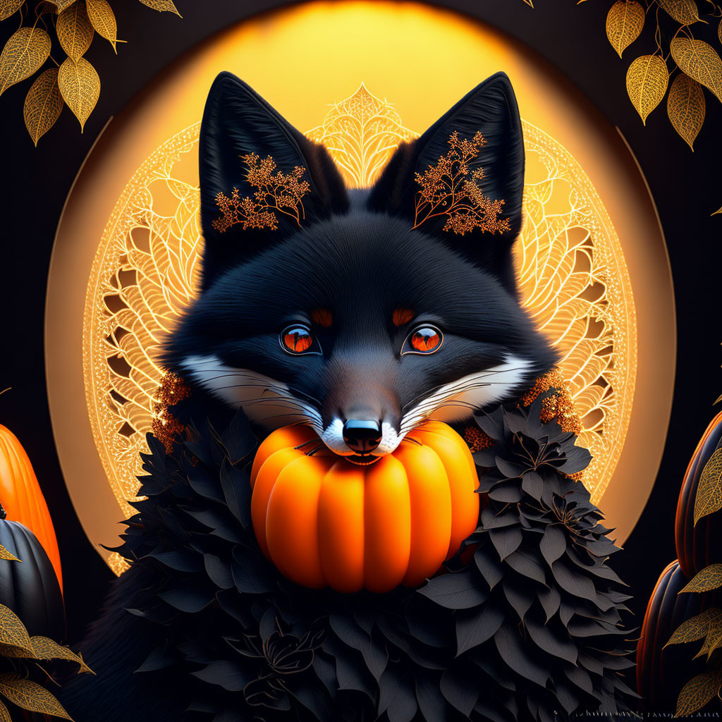 Stylized black fox with pumpkin in golden mandala setting