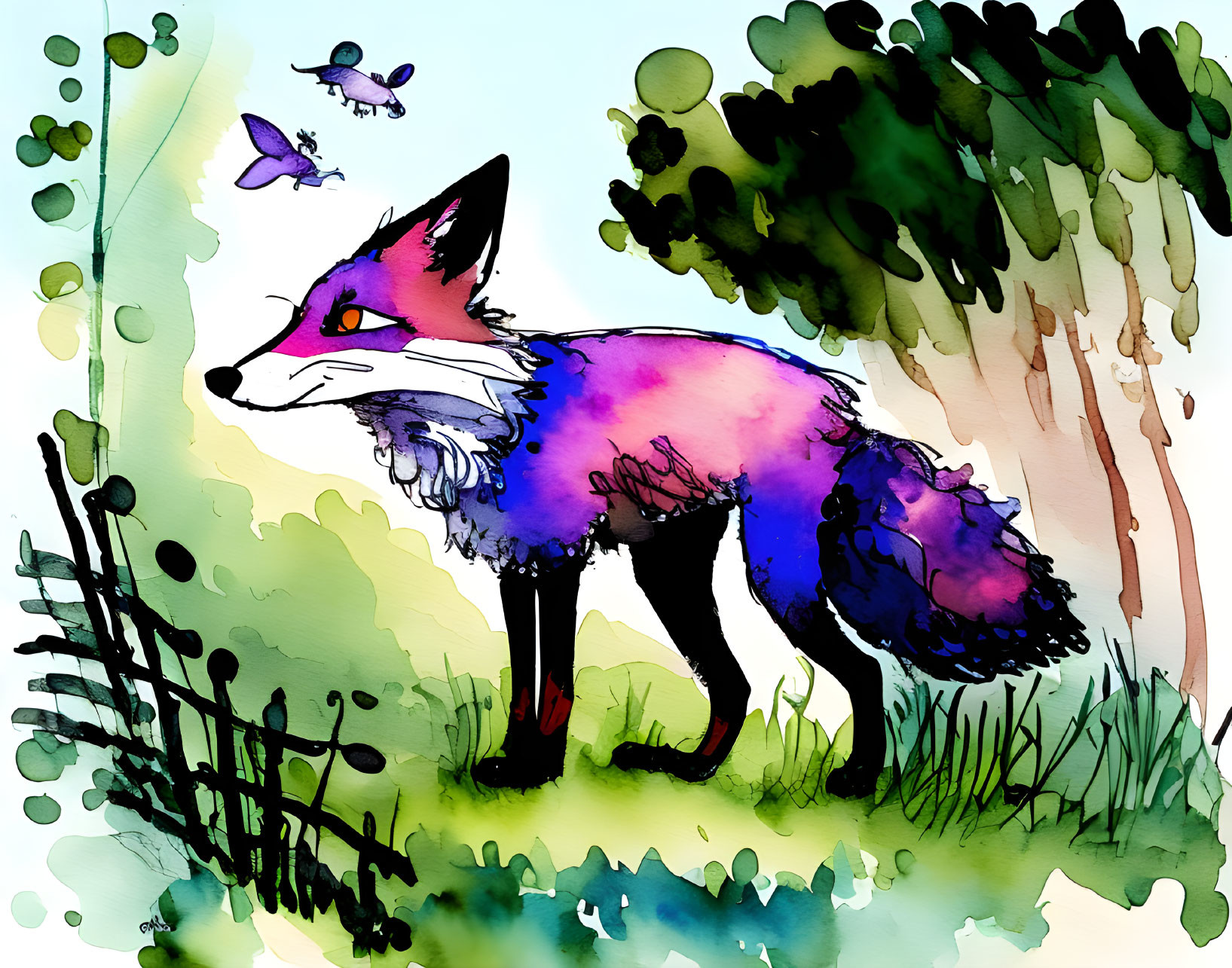 Colorful Watercolor Fox Illustration in Forest Setting