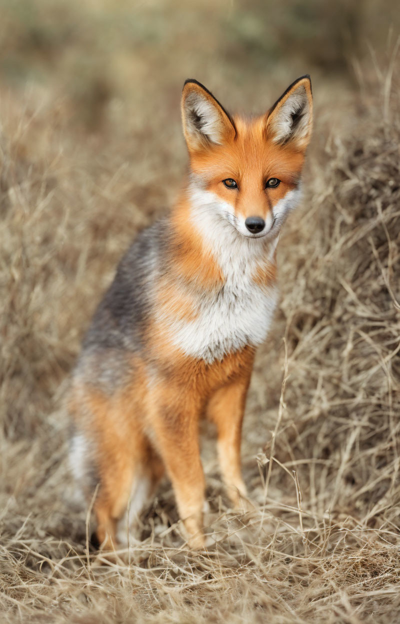 Alert red fox in dry grass with vibrant orange fur