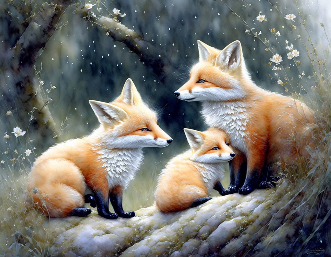 Three foxes in snowy landscape with trees and flowers