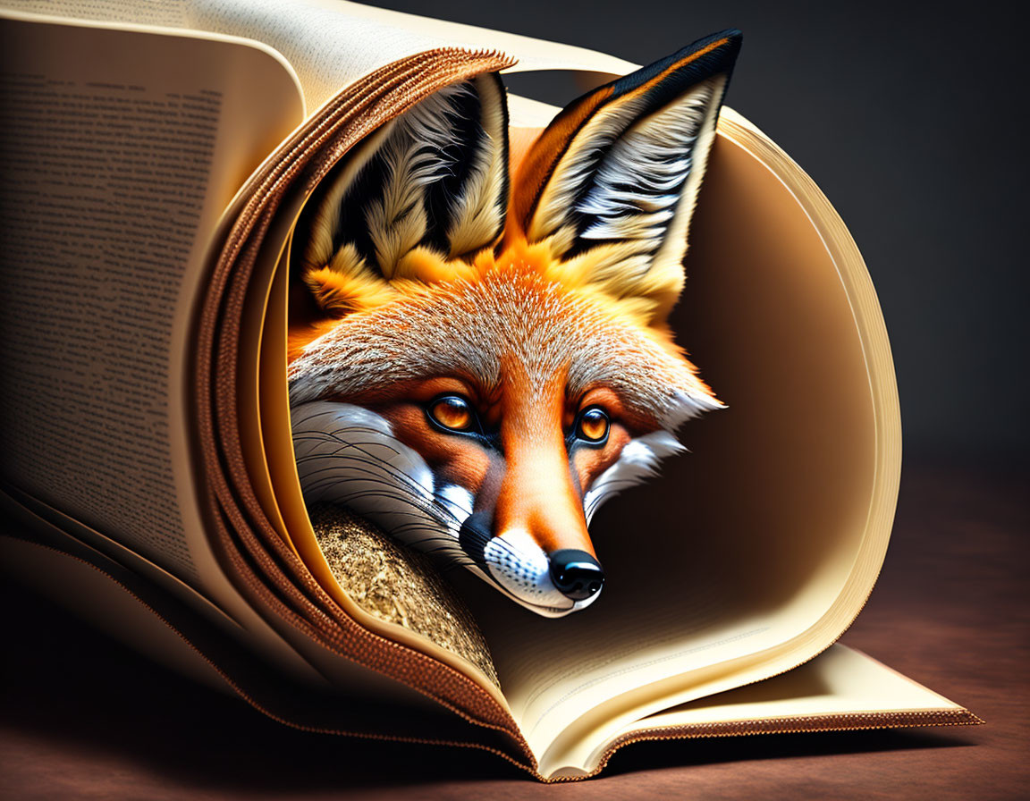 Realistic fox head in book pages on dark background