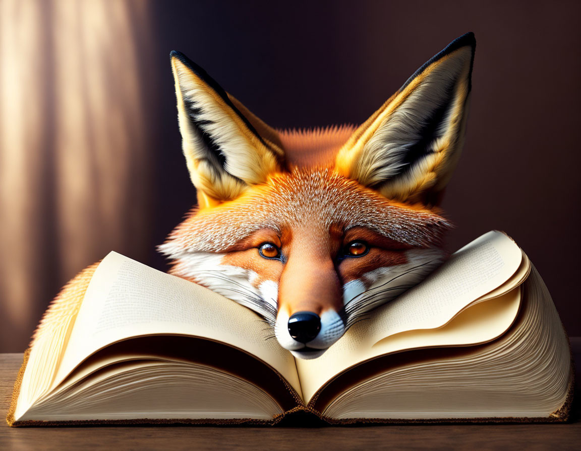 Colorful Fox Merged with Open Book on Dark Background