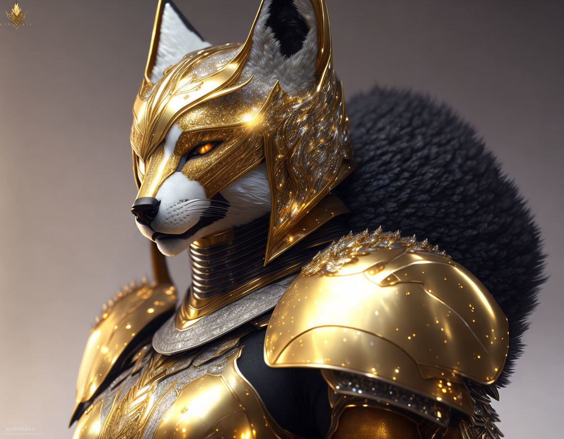 Detailed anthropomorphic fox warrior in golden armor with majestic helmet