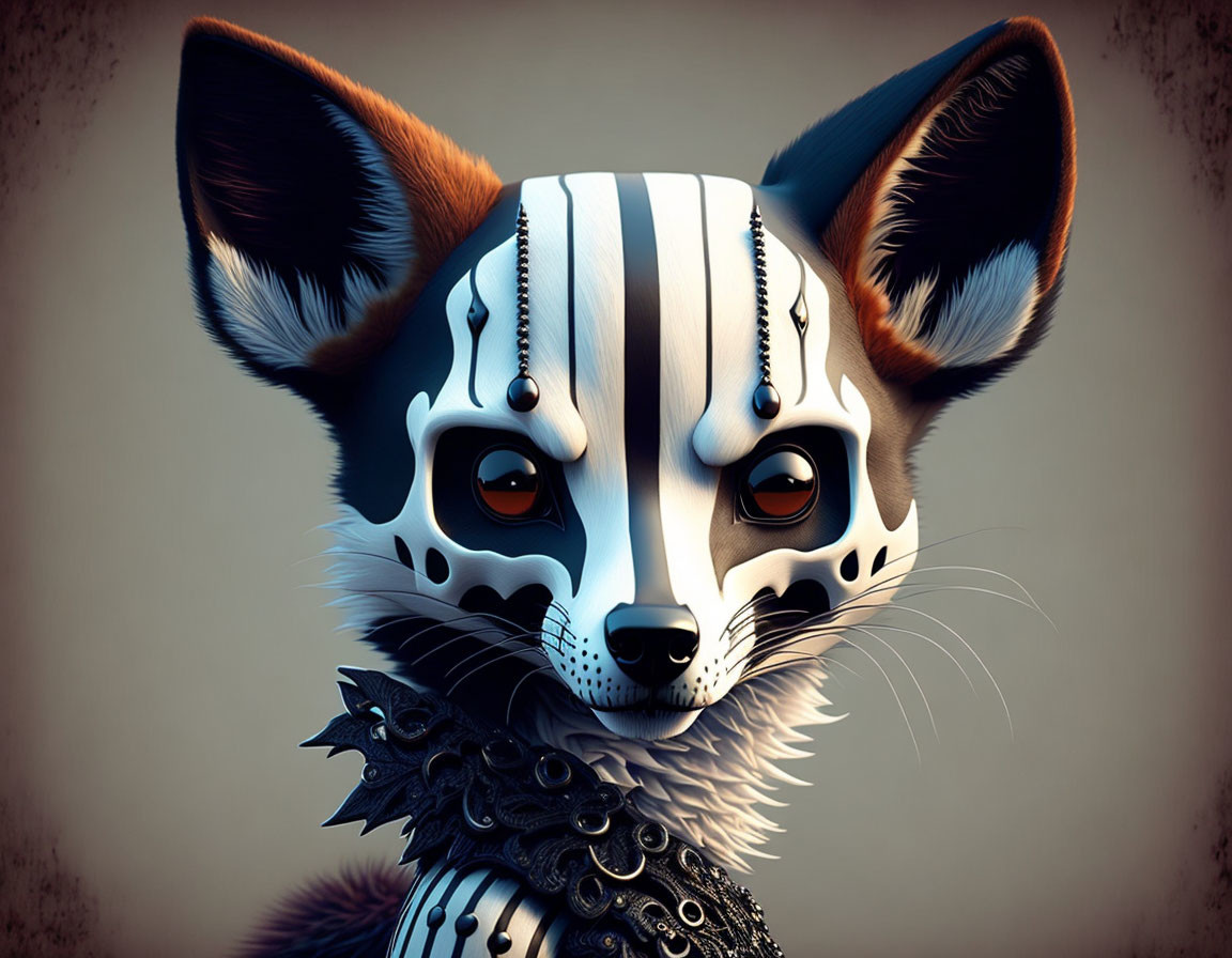 Digital illustration: Fennec fox creature with tribal face paint and metal neck armor