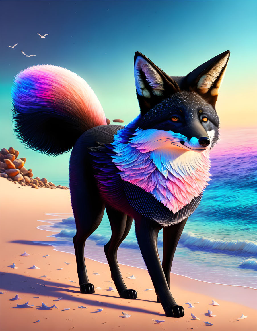 Vibrant fox illustration on beach at sunset