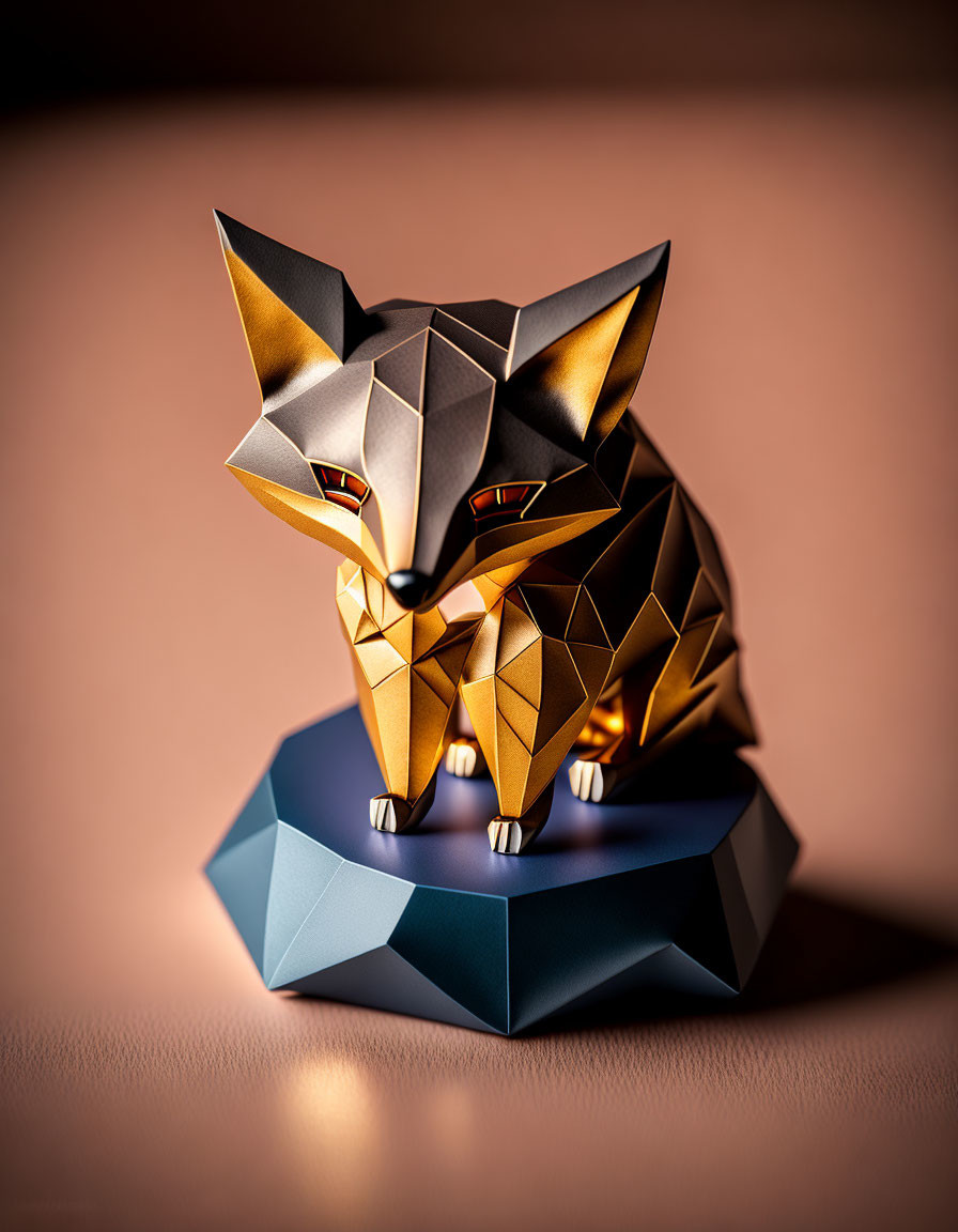 Geometric Gold Fox Sculpture on Blue Polygonal Base