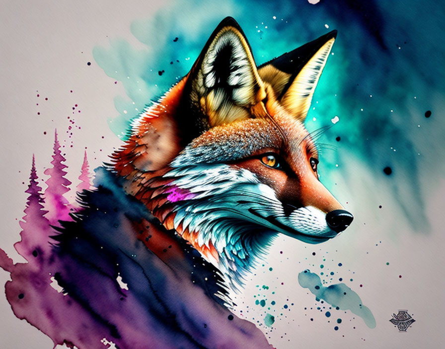 Colorful Watercolor Fox Illustration on White Background