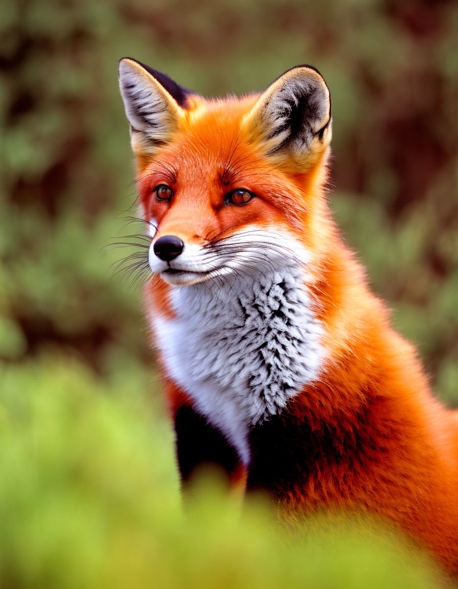 Red Fox with Bushy Tail in Greenery, Attentive Expression