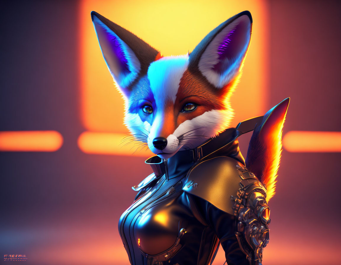 Anthropomorphic fox character in futuristic attire against orange backdrop